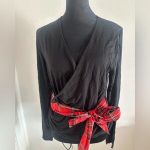 Beautiful Holiday Black Wrap Top with Red Plaid Accent by JCrew
